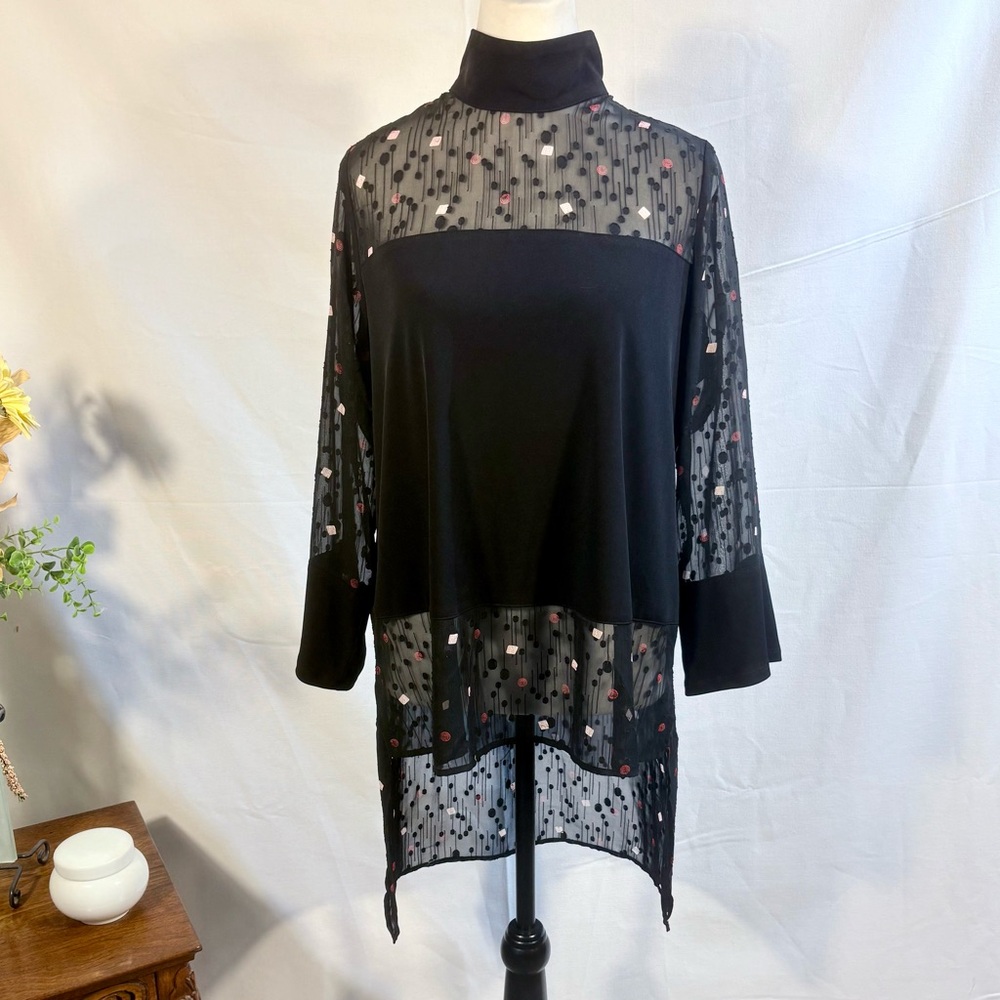 ♨️ IC by Connie K Sheer Shoulder Graphic Dot Hi Lo Tunic Top Small💛 - Picture 10 of 10